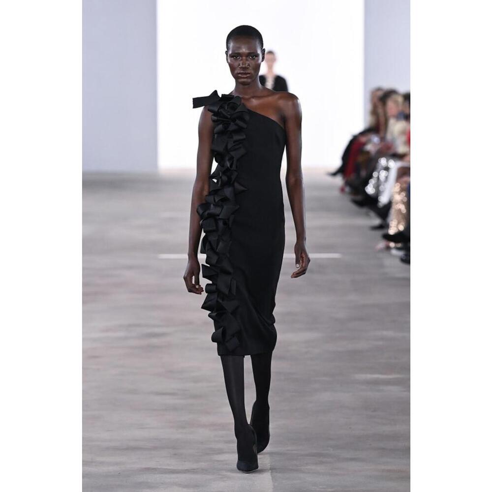$990 Badgley Mischka Side Ribbon Bow One Shoulder Sheath Dress Black  sz 0 Gala